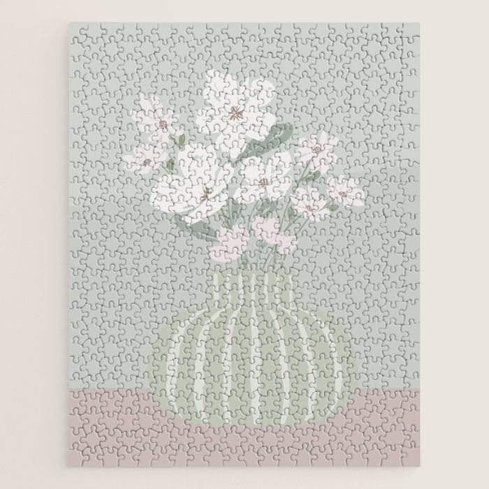 Wildflower bouquet in vase illustration - muted green, dusty pink and beige flowers Jigsaw Puzzle Gallery Image 1