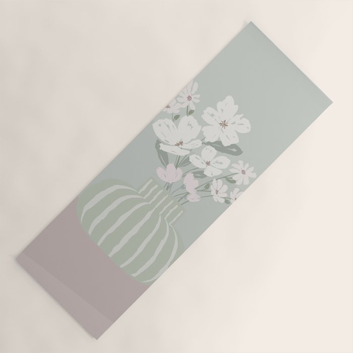 Wildflower bouquet in vase illustration - muted green, dusty pink and beige flowers Yoga Mat Gallery Image 1