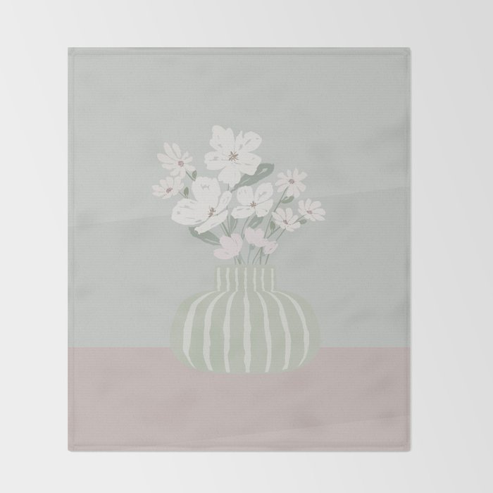 Wildflower bouquet in vase illustration - muted green, dusty pink and beige flowers Throw Blanket Gallery Image 2