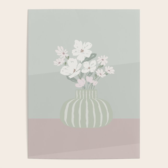 Wildflower bouquet in vase illustration - muted green, dusty pink and beige flowers Poster Gallery Image 1