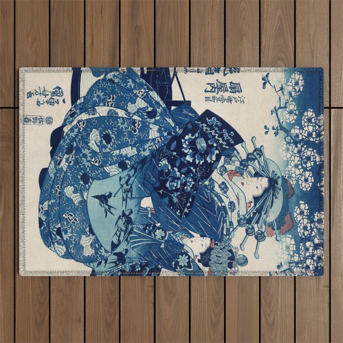 Ogiya Uchi Hanaogi by Utagawa Kuniyoshi 1798-1861 Ukiyo-e Style Floral Fashion Dress Dark Navy Blue Outdoor Rug Gallery Image 1