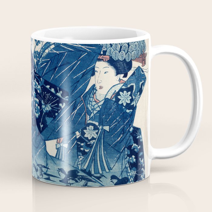 Ogiya Uchi Hanaogi by Utagawa Kuniyoshi 1798-1861 Ukiyo-e Style Floral Fashion Dress Dark Navy Blue Coffee Mug Gallery Image 1
