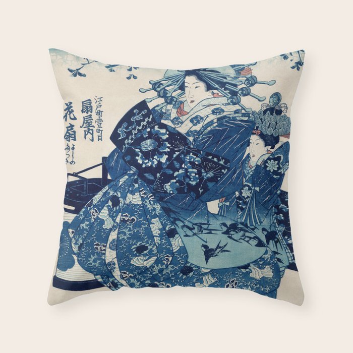 Ogiya Uchi Hanaogi by Utagawa Kuniyoshi 1798-1861 Ukiyo-e Style Floral Fashion Dress Dark Navy Blue Throw Pillow Gallery Image 6