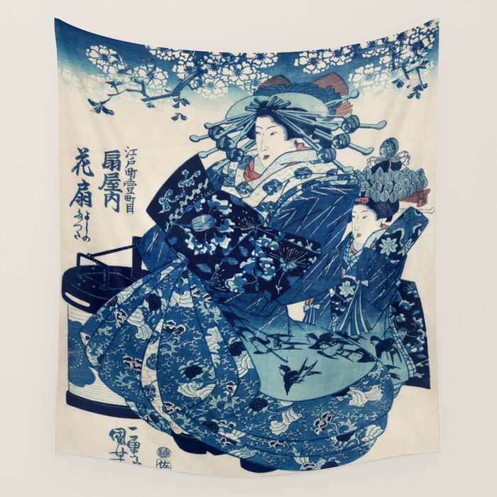 Ogiya Uchi Hanaogi by Utagawa Kuniyoshi 1798-1861 Ukiyo-e Style Floral Fashion Dress Dark Navy Blue Wall Tapestry Gallery Image 1
