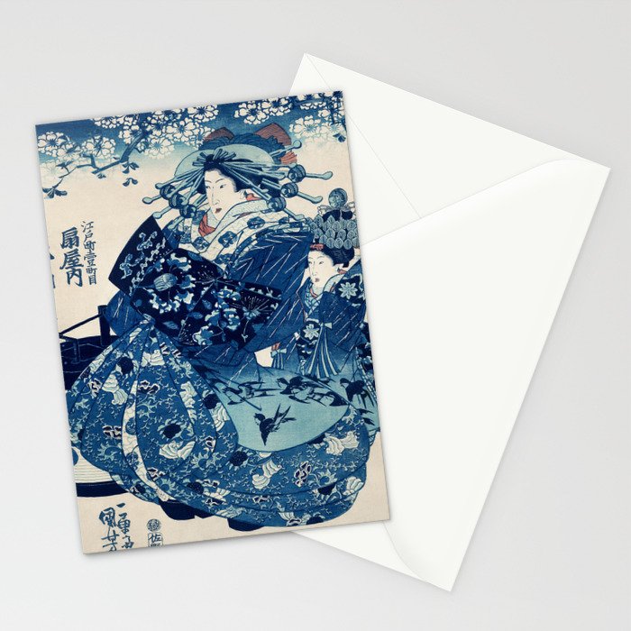 Ogiya Uchi Hanaogi by Utagawa Kuniyoshi 1798-1861 Ukiyo-e Style Floral Fashion Dress Dark Navy Blue Stationery Card Gallery Image 2