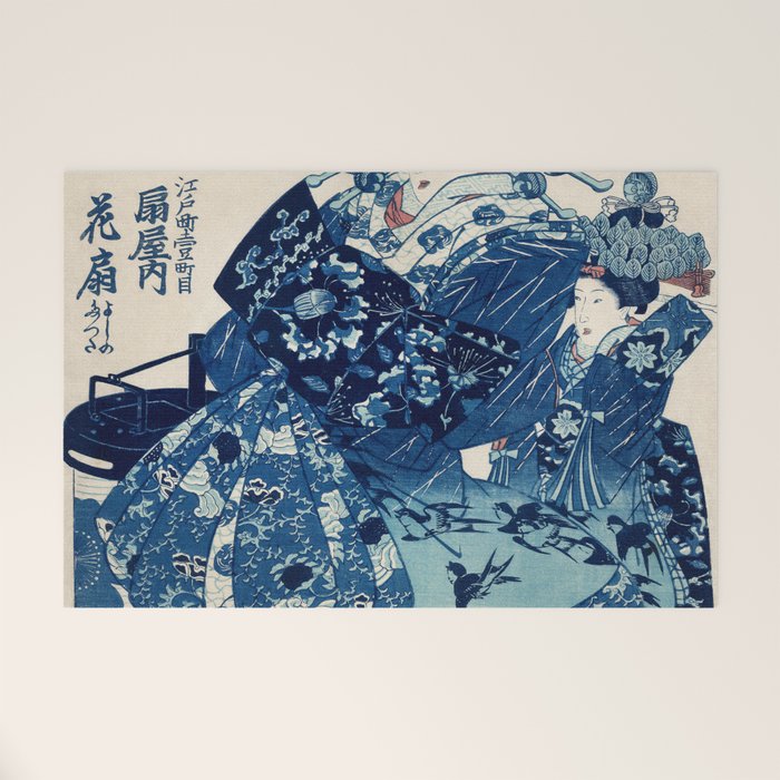 Ogiya Uchi Hanaogi by Utagawa Kuniyoshi 1798-1861 Ukiyo-e Style Floral Fashion Dress Dark Navy Blue Welcome Mat Gallery Image 1