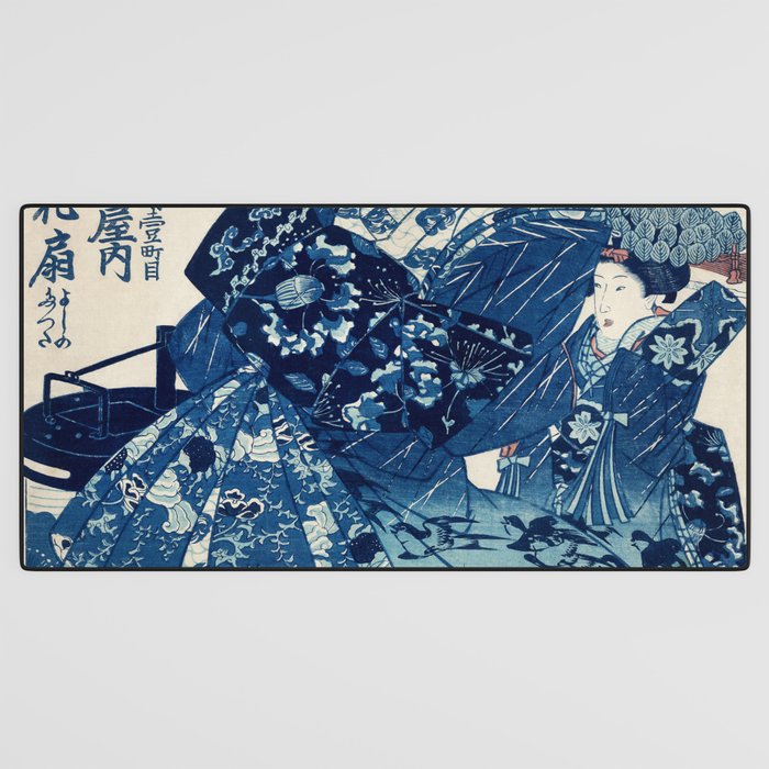Ogiya Uchi Hanaogi by Utagawa Kuniyoshi 1798-1861 Ukiyo-e Style Floral Fashion Dress Dark Navy Blue Desk Mat Gallery Image 3
