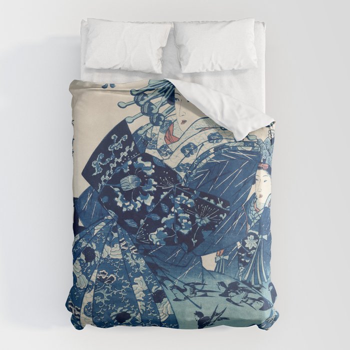 Ogiya Uchi Hanaogi by Utagawa Kuniyoshi 1798-1861 Ukiyo-e Style Floral Fashion Dress Dark Navy Blue Duvet Cover Gallery Image 6