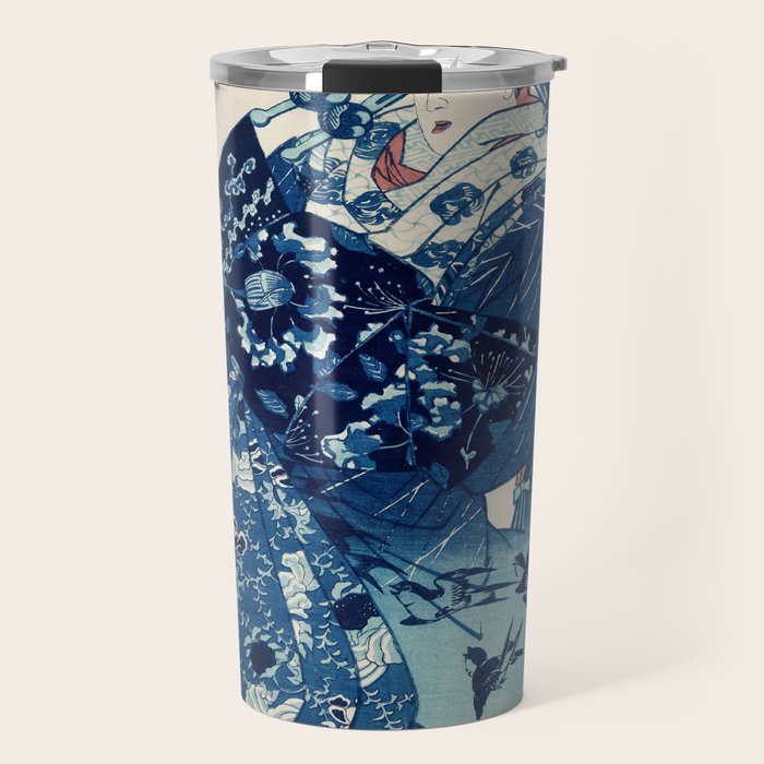 Ogiya Uchi Hanaogi by Utagawa Kuniyoshi 1798-1861 Ukiyo-e Style Floral Fashion Dress Dark Navy Blue Travel Mug Gallery Image 1