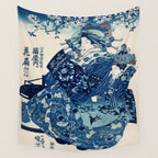 Ogiya Uchi Hanaogi by Utagawa Kuniyoshi 1798-1861 Ukiyo-e Style Floral Fashion Dress Dark Navy Blue Wall Tapestry Gallery Image 4