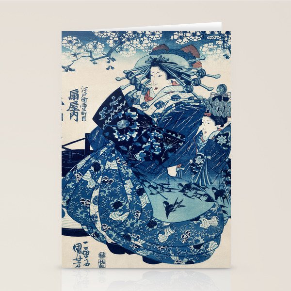 Ogiya Uchi Hanaogi by Utagawa Kuniyoshi 1798-1861 Ukiyo-e Style Floral Fashion Dress Dark Navy Blue Stationery Card Gallery Image 1
