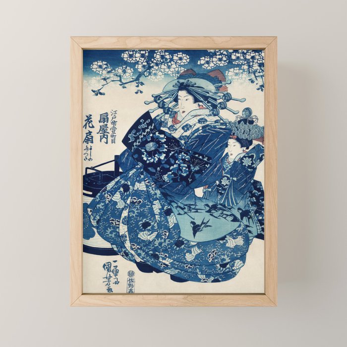 Ogiya Uchi Hanaogi by Utagawa Kuniyoshi 1798-1861 Ukiyo-e Style Floral Fashion Dress Dark Navy Blue Mini Art Print Gallery Image 1