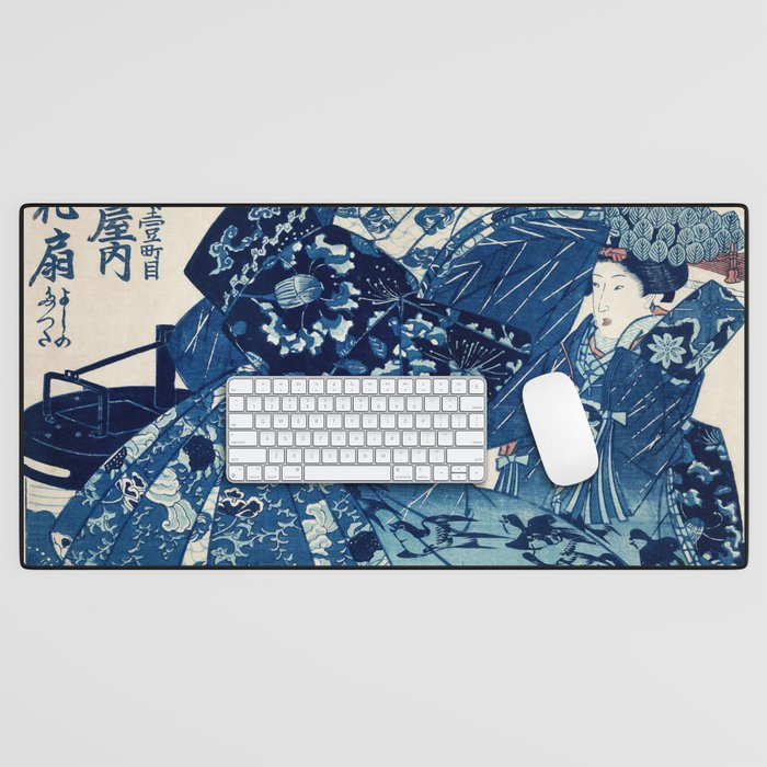 Ogiya Uchi Hanaogi by Utagawa Kuniyoshi 1798-1861 Ukiyo-e Style Floral Fashion Dress Dark Navy Blue Desk Mat Gallery Image 1