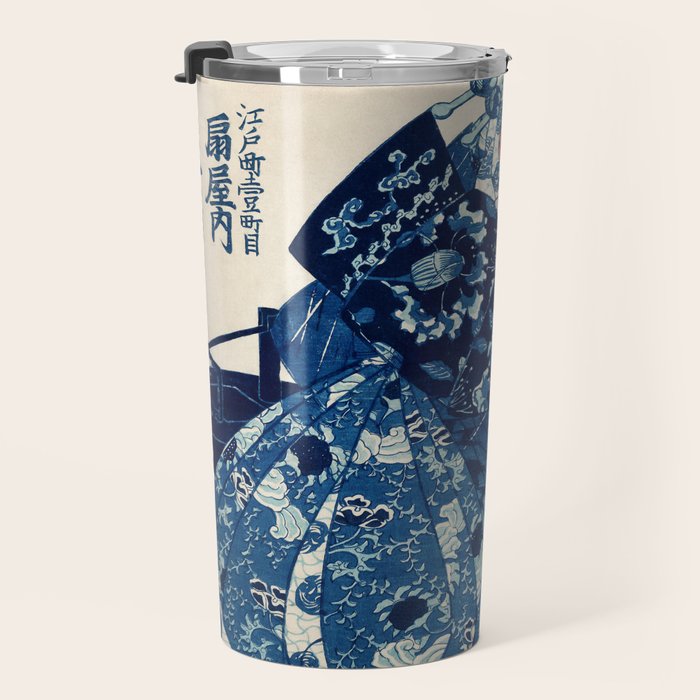 Ogiya Uchi Hanaogi by Utagawa Kuniyoshi 1798-1861 Ukiyo-e Style Floral Fashion Dress Dark Navy Blue Travel Mug Gallery Image 3