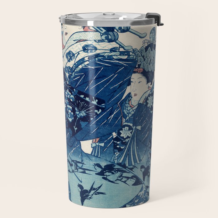 Ogiya Uchi Hanaogi by Utagawa Kuniyoshi 1798-1861 Ukiyo-e Style Floral Fashion Dress Dark Navy Blue Travel Mug Gallery Image 2