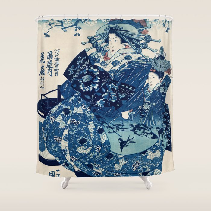 Ogiya Uchi Hanaogi by Utagawa Kuniyoshi 1798-1861 Ukiyo-e Style Floral Fashion Dress Dark Navy Blue Shower Curtain Gallery Image 1