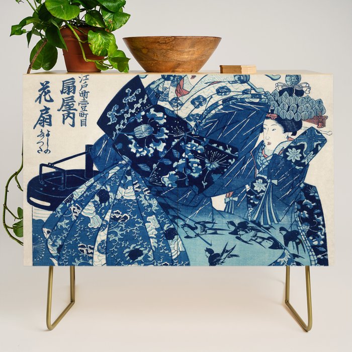 Ogiya Uchi Hanaogi by Utagawa Kuniyoshi 1798-1861 Ukiyo-e Style Floral Fashion Dress Dark Navy Blue Credenza Gallery Image 1