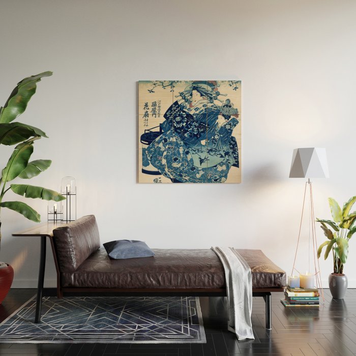 Ogiya Uchi Hanaogi by Utagawa Kuniyoshi 1798-1861 Ukiyo-e Style Floral Fashion Dress Dark Navy Blue Wood Wall Art Gallery Image 2