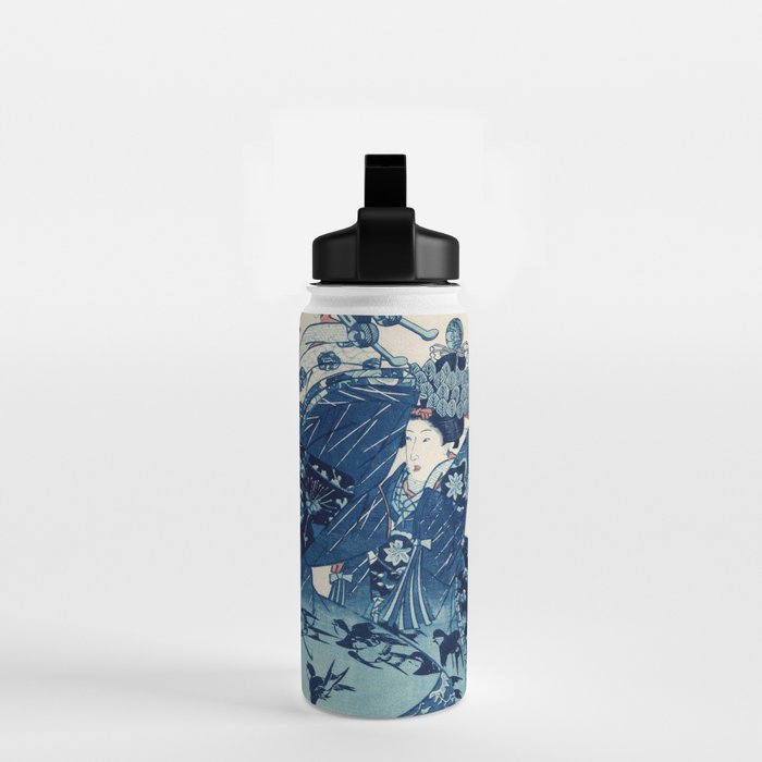 Ogiya Uchi Hanaogi by Utagawa Kuniyoshi 1798-1861 Ukiyo-e Style Floral Fashion Dress Dark Navy Blue Water Bottle Gallery Image 2