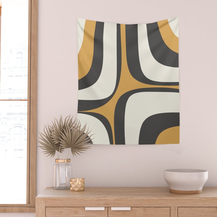 Retro Groove Pattern in Charcoal Grey, Muted Mustard Gold, and Cream  Wall Tapestry Gallery Image 2