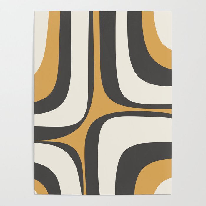 Retro Groove Pattern in Charcoal Grey, Muted Mustard Gold, and Cream  Poster Gallery Image 4