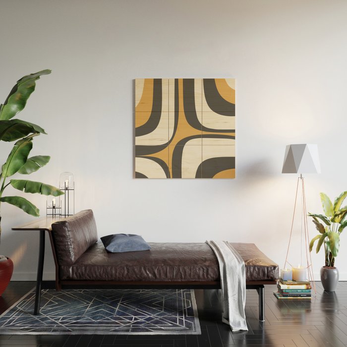 Retro Groove Pattern in Charcoal Grey, Muted Mustard Gold, and Cream  Wood Wall Art Gallery Image 2
