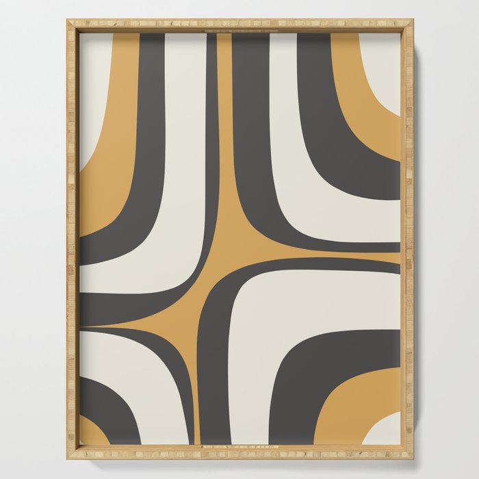 Retro Groove Pattern in Charcoal Grey, Muted Mustard Gold, and Cream  Serving Tray Gallery Image 1