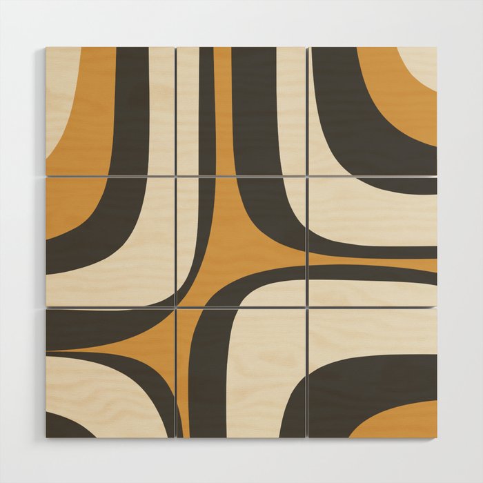 Retro Groove Pattern in Charcoal Grey, Muted Mustard Gold, and Cream  Wood Wall Art Gallery Image 1