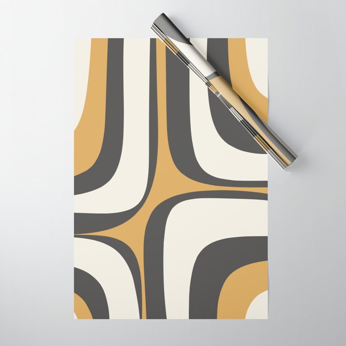 Retro Groove Pattern in Charcoal Grey, Muted Mustard Gold, and Cream  Wrapping Paper Gallery Image 1