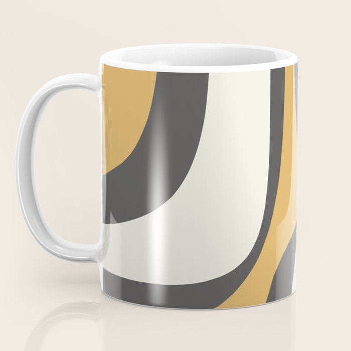 Retro Groove Pattern in Charcoal Grey, Muted Mustard Gold, and Cream  Coffee Mug Gallery Image 3