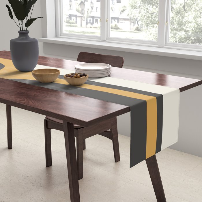 Retro Groove Pattern in Charcoal Grey, Muted Mustard Gold, and Cream  Table Runner Gallery Image 2