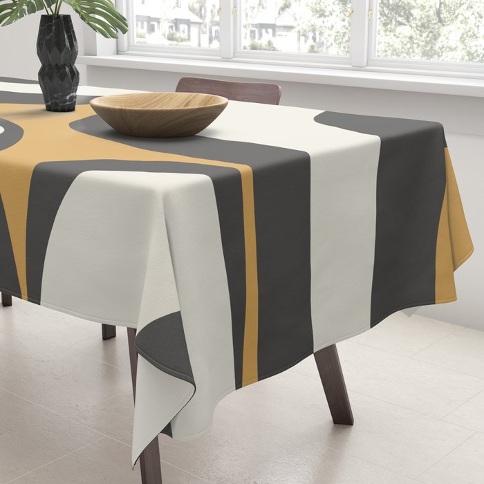 Retro Groove Pattern in Charcoal Grey, Muted Mustard Gold, and Cream  Tablecloth Gallery Image 3