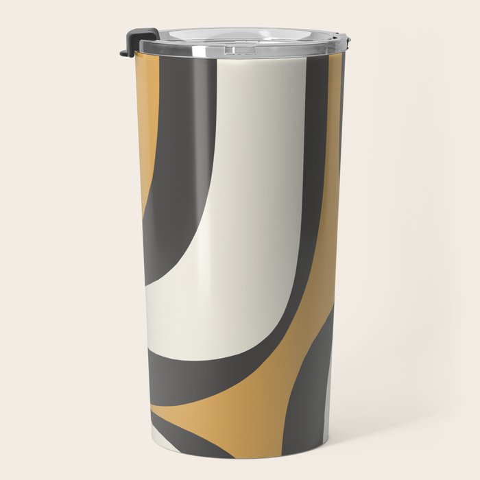 Retro Groove Pattern in Charcoal Grey, Muted Mustard Gold, and Cream  Travel Mug Gallery Image 3