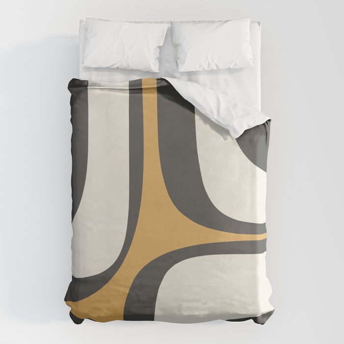 Retro Groove Pattern in Charcoal Grey, Muted Mustard Gold, and Cream  Duvet Cover Gallery Image 1