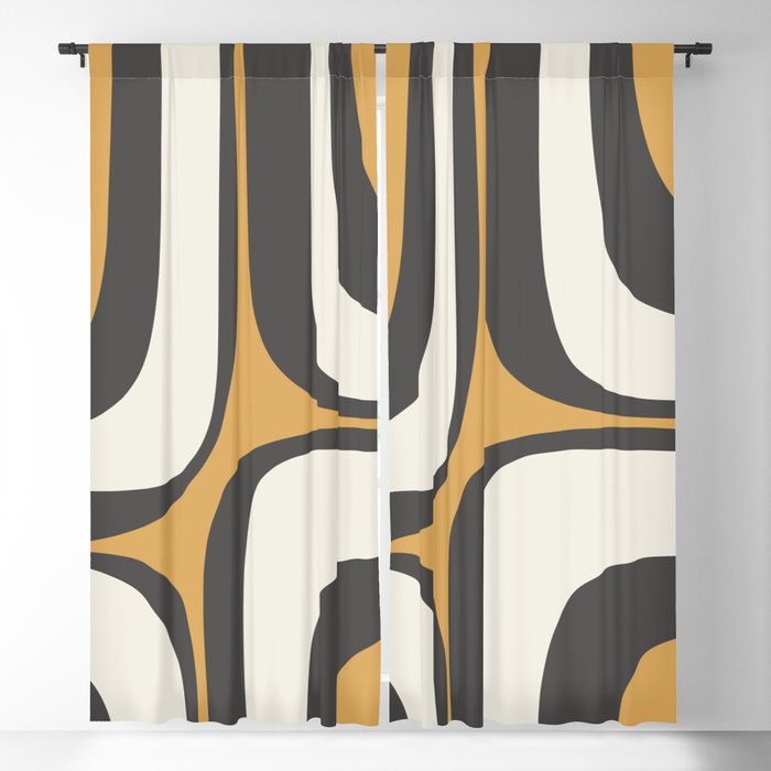 Retro Groove Pattern in Charcoal Grey, Muted Mustard Gold, and Cream  Window Curtain Gallery Image 1