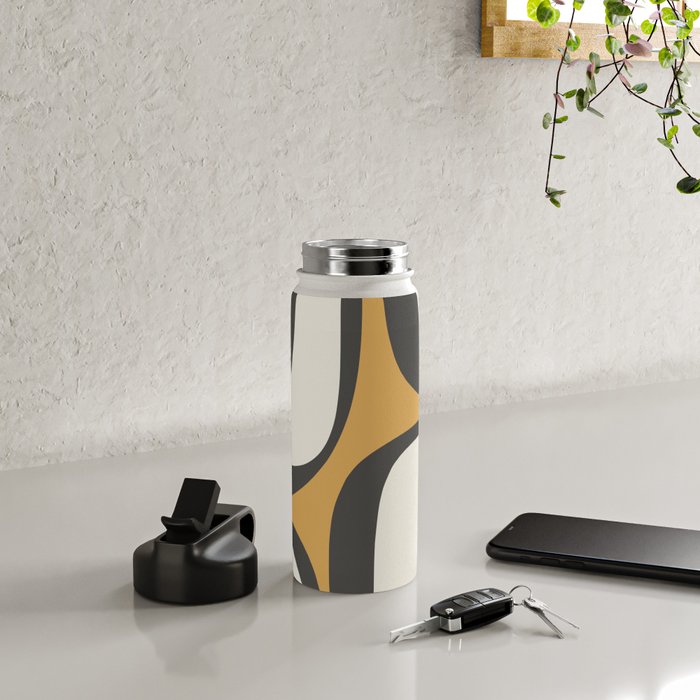 Retro Groove Pattern in Charcoal Grey, Muted Mustard Gold, and Cream  Water Bottle Gallery Image 4