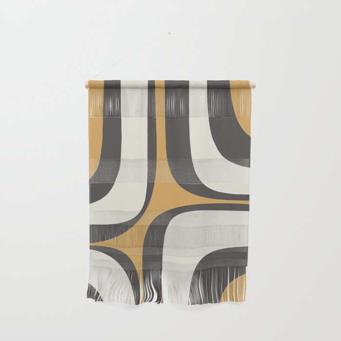 Retro Groove Pattern in Charcoal Grey, Muted Mustard Gold, and Cream  Wall Hanging Gallery Image 1
