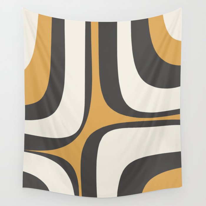 Retro Groove Pattern in Charcoal Grey, Muted Mustard Gold, and Cream  Wall Tapestry Gallery Image 4