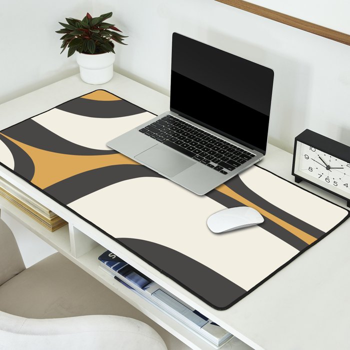 Retro Groove Pattern in Charcoal Grey, Muted Mustard Gold, and Cream  Desk Mat Gallery Image 2