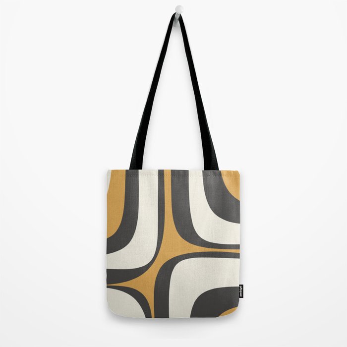 Retro Groove Pattern in Charcoal Grey, Muted Mustard Gold, and Cream  Tote Bag Gallery Image 2