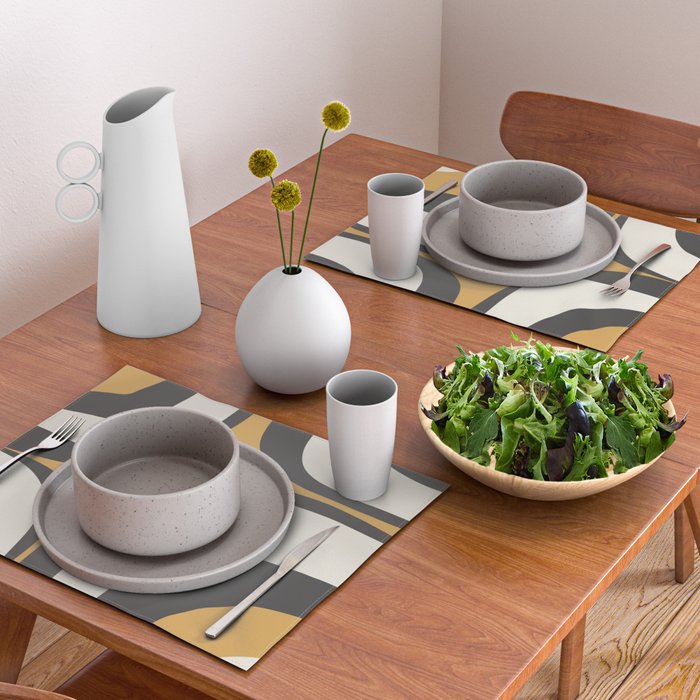 Retro Groove Pattern in Charcoal Grey, Muted Mustard Gold, and Cream  Placemat Gallery Image 2