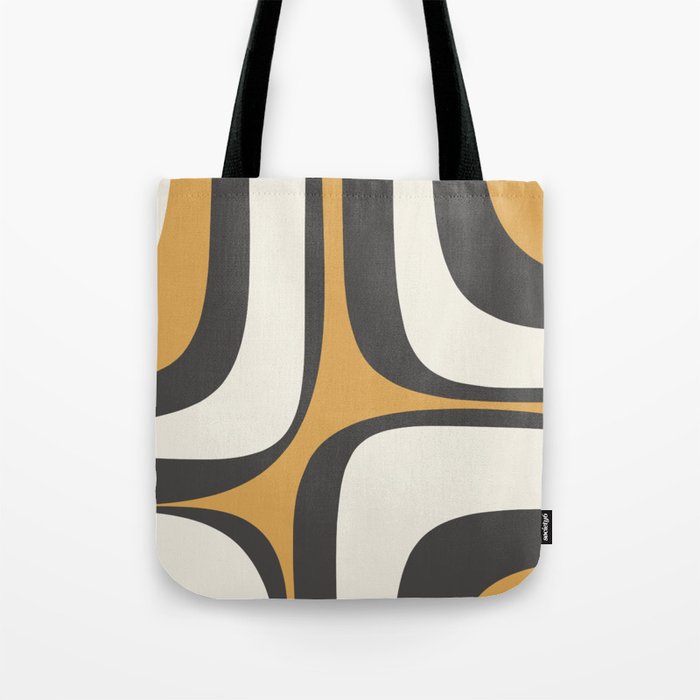 Retro Groove Pattern in Charcoal Grey, Muted Mustard Gold, and Cream  Tote Bag Gallery Image 1