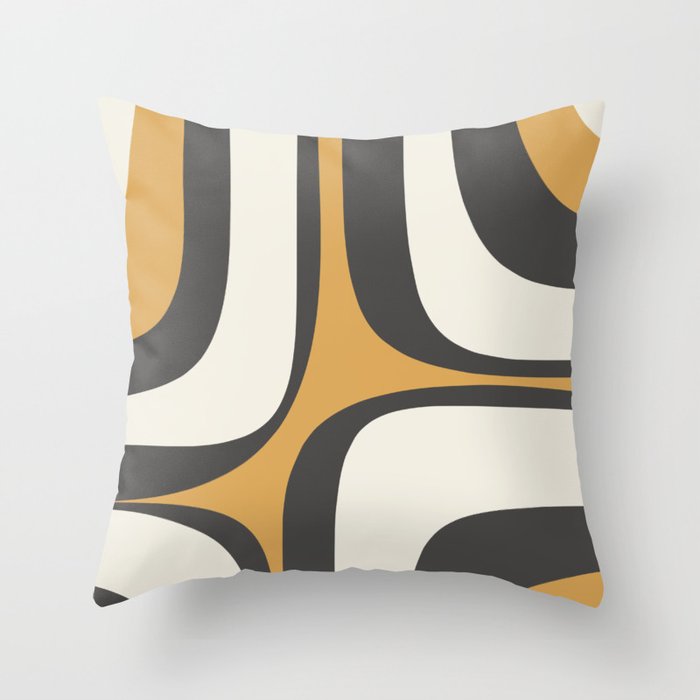 Retro Groove Pattern in Charcoal Grey, Muted Mustard Gold, and Cream  Throw Pillow Gallery Image 1
