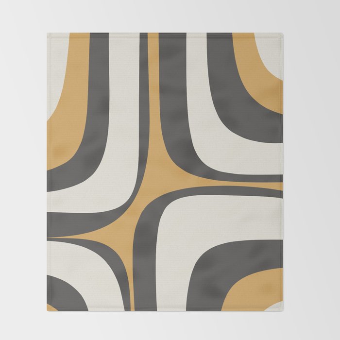 Retro Groove Pattern in Charcoal Grey, Muted Mustard Gold, and Cream  Throw Blanket Gallery Image 2