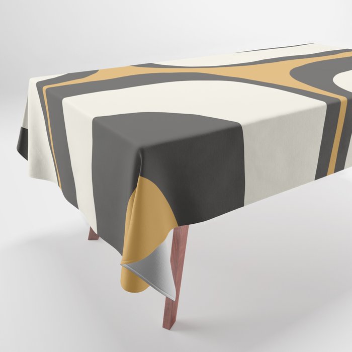 Retro Groove Pattern in Charcoal Grey, Muted Mustard Gold, and Cream  Tablecloth Gallery Image 1
