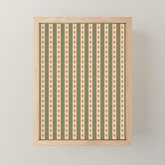 Cottage Stripes and Flowers Pattern in Olive Orange Beige Mini Art Print Gallery Image 1