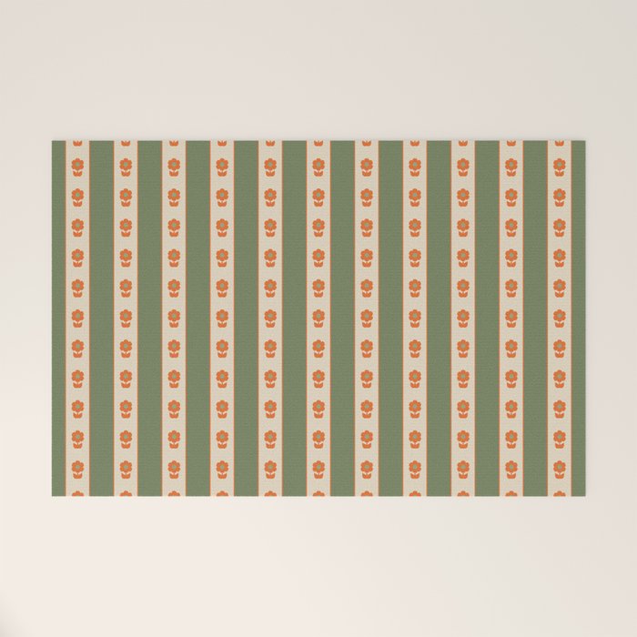 Cottage Stripes and Flowers Pattern in Olive Orange Beige Welcome Mat Gallery Image 1