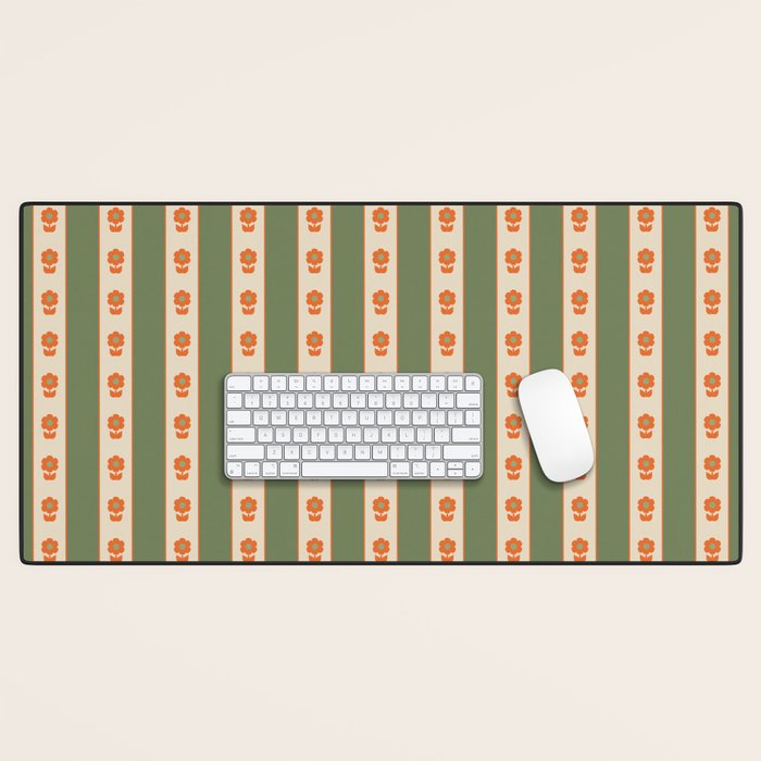 Cottage Stripes and Flowers Pattern in Olive Orange Beige Desk Mat Gallery Image 1