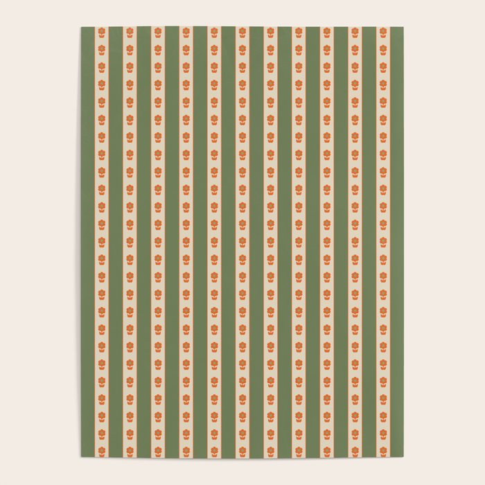 Cottage Stripes and Flowers Pattern in Olive Orange Beige Poster Gallery Image 4