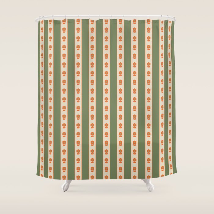 Cottage Stripes and Flowers Pattern in Olive Orange Beige Shower Curtain Gallery Image 1